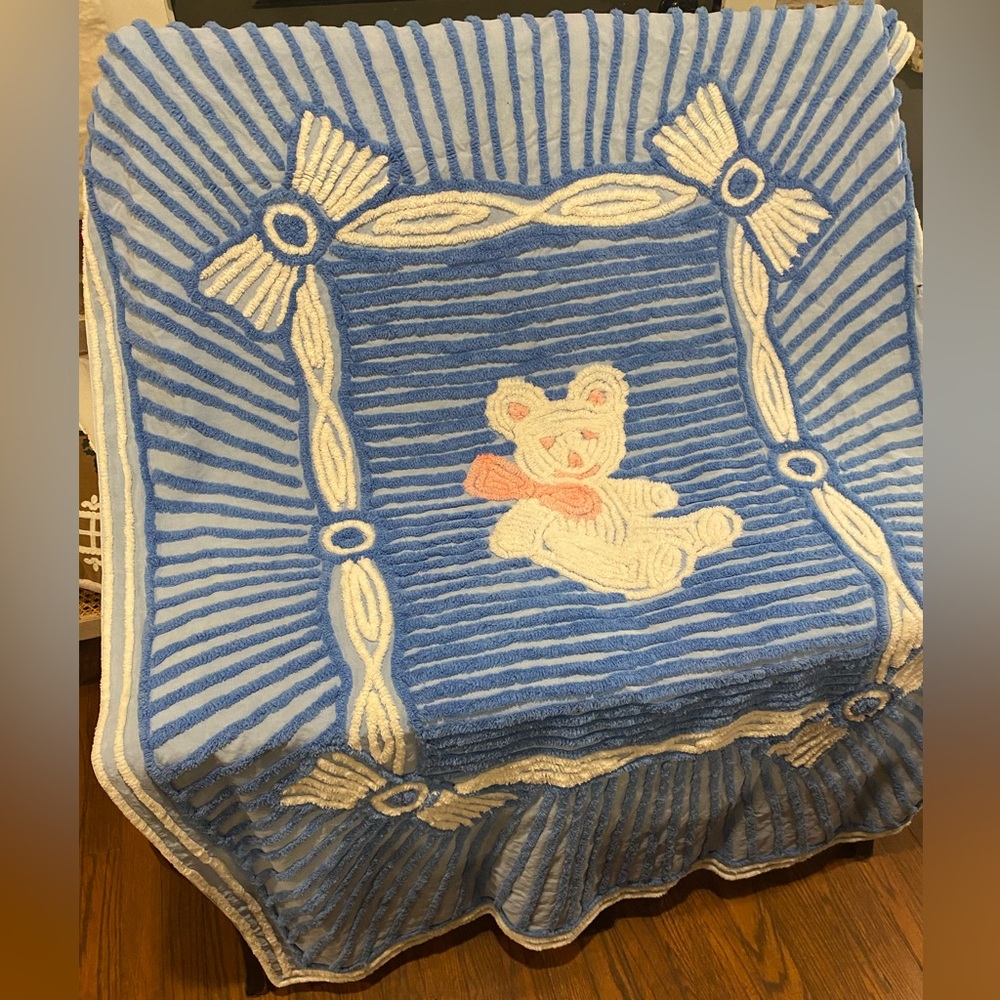 Vintage Chenille Baby Blanket, Teddy Bear